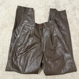 Vintage 90s Minimal Brown Leather Pleated High Waist Trousers‎ Pants XS